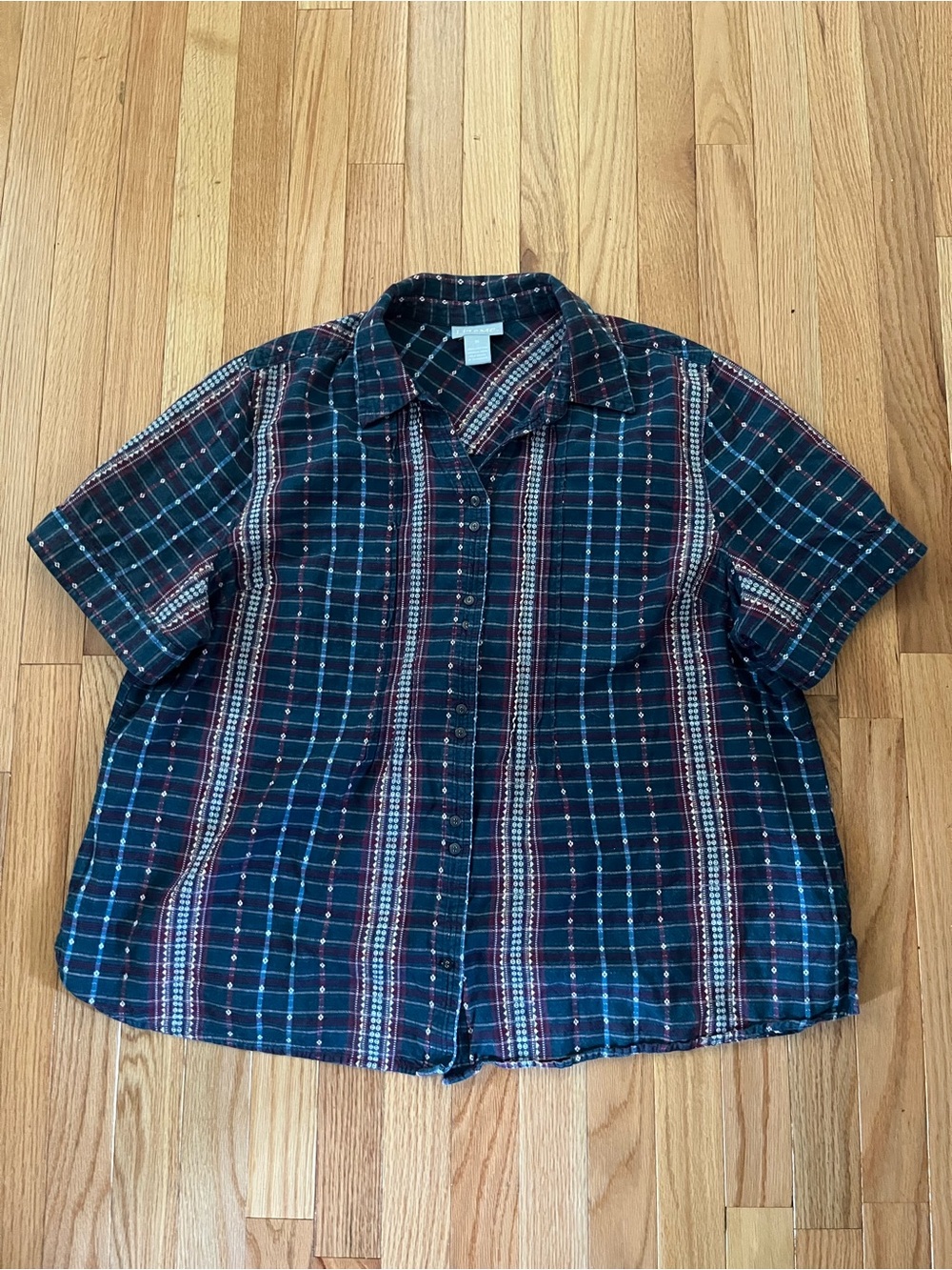 Vintage Blue Red Plaid Western Button Up Top 1X 100% Cotton Cottagecore Farm